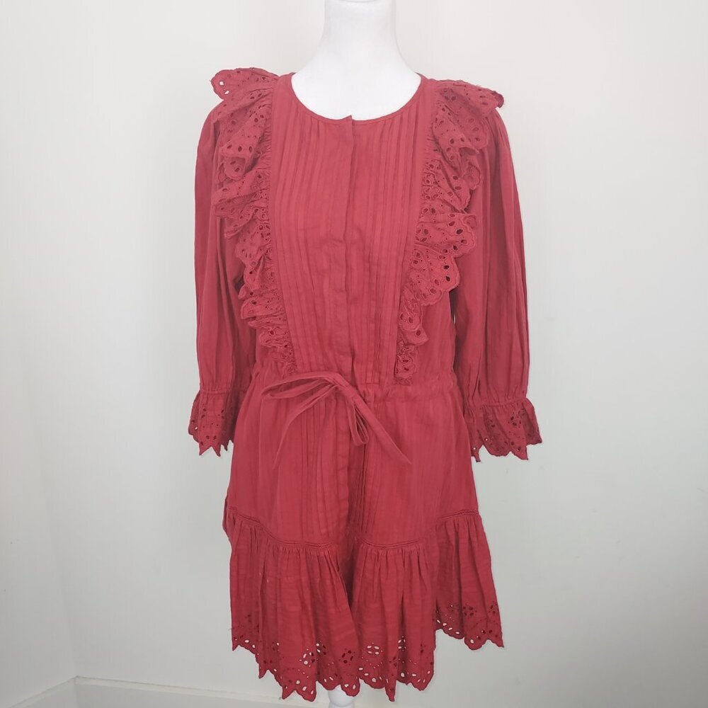 Rebecca Taylor La Vie Satin Stripe Dobby Ruffle Eyelet Red Mini Dress Size Sm - Picture 8 of 14